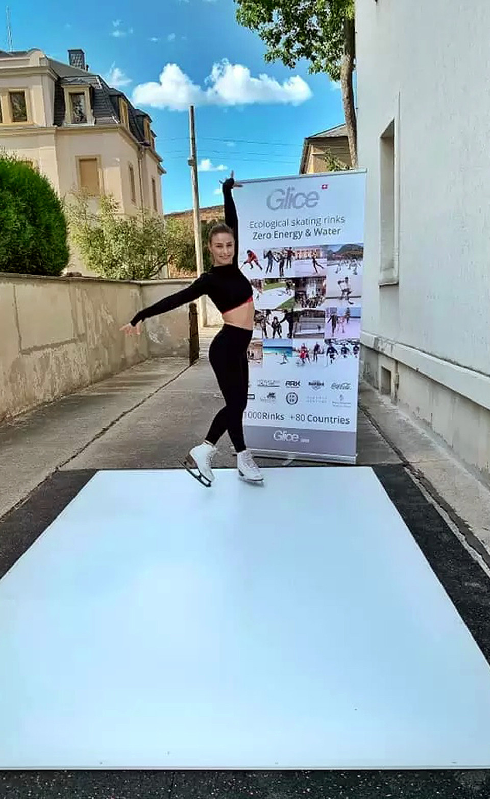 Skater practicing on a compact Glice rink installed outdoors at home