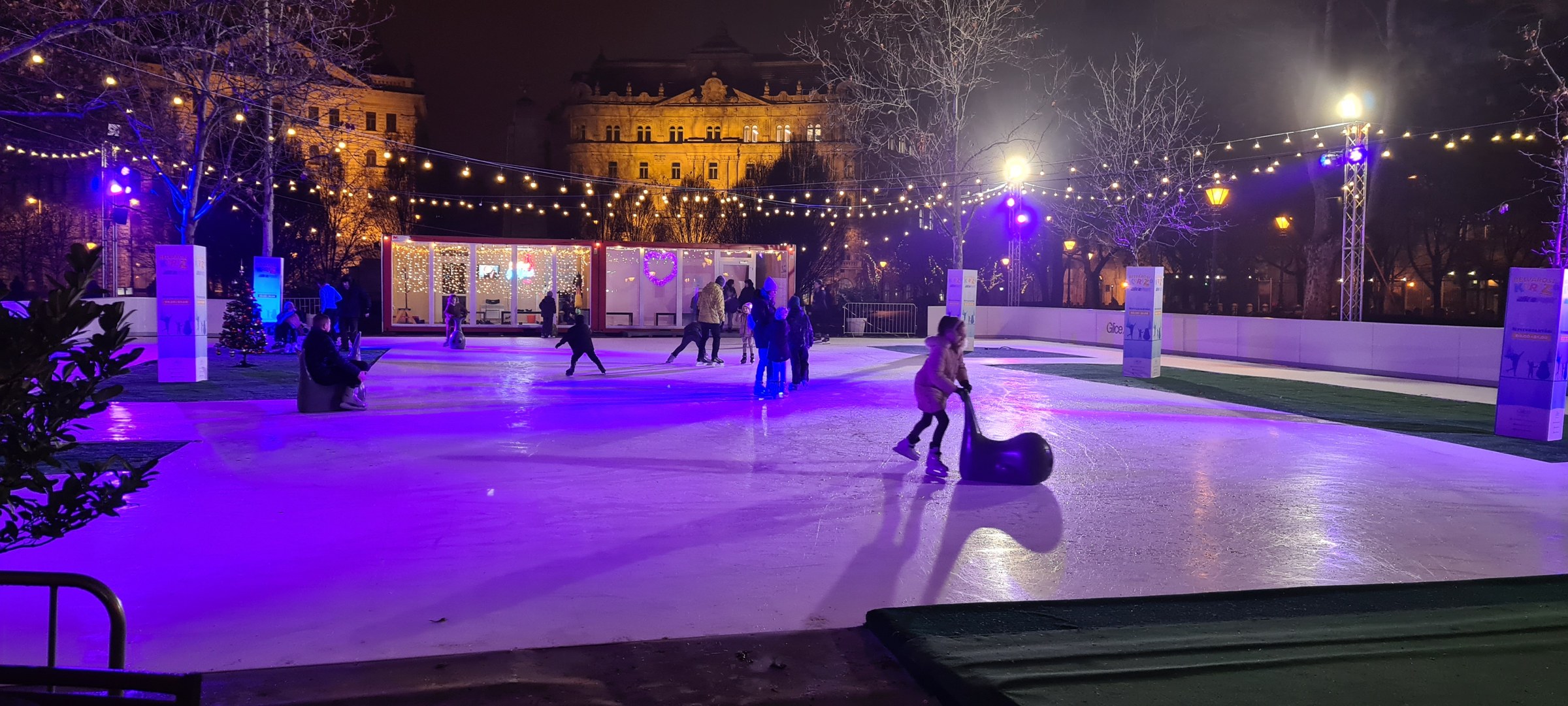 Evening skating at the illuminated Belvárosi Korizó rink