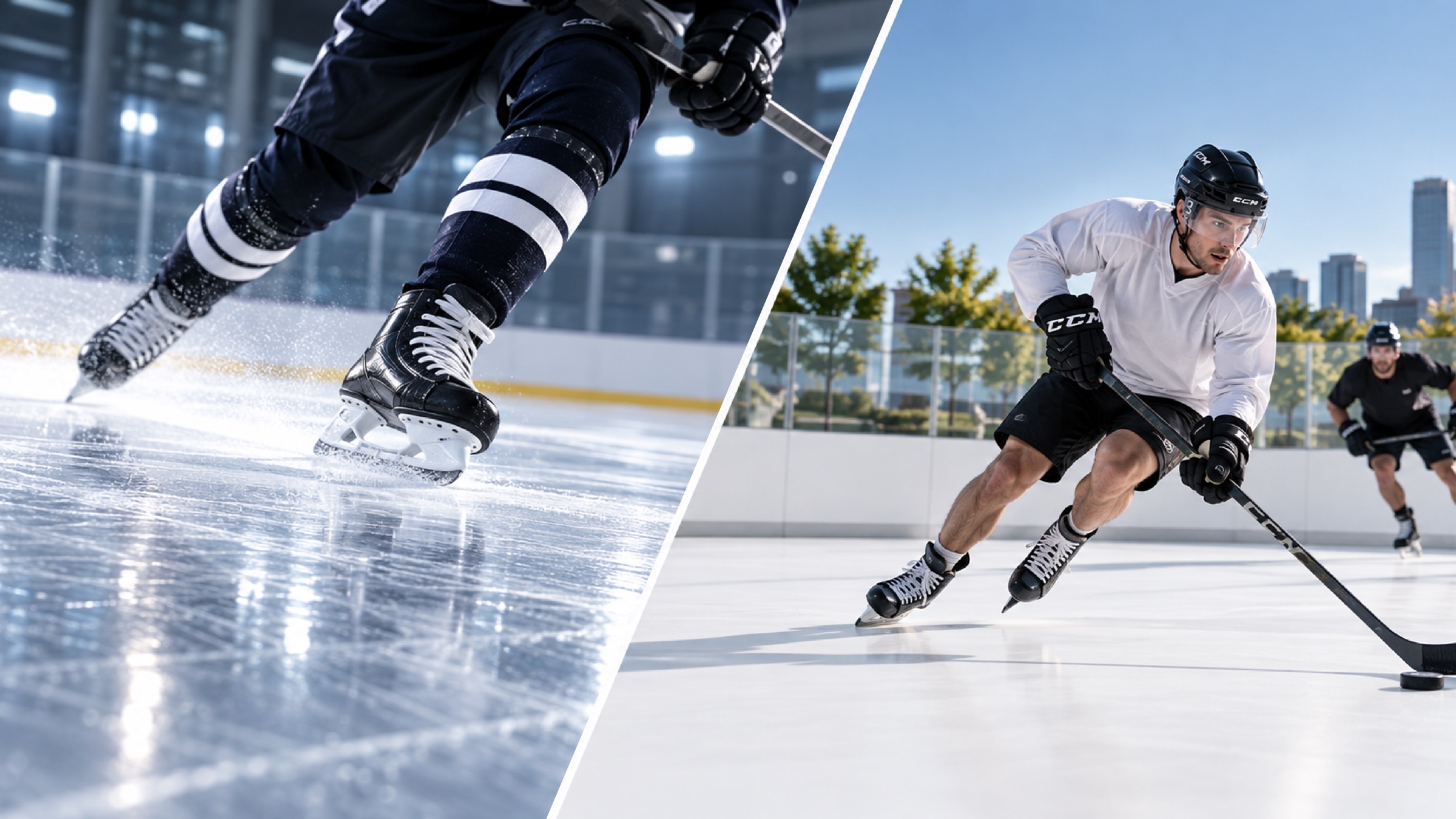 Imagen dividida de un jugador de hockey en una pista cubierta y jugadores de hockey patinando al aire libre