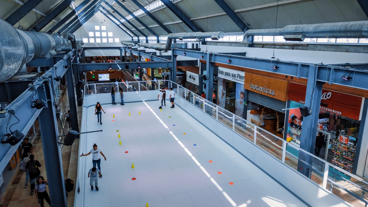 Glice rink installed in a mall atrium activating underused retail space