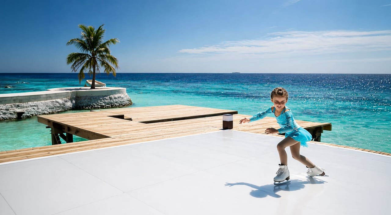 A figure skater on an outdoor Glice rink beside tropical water, a location no refrigerated rink could serve