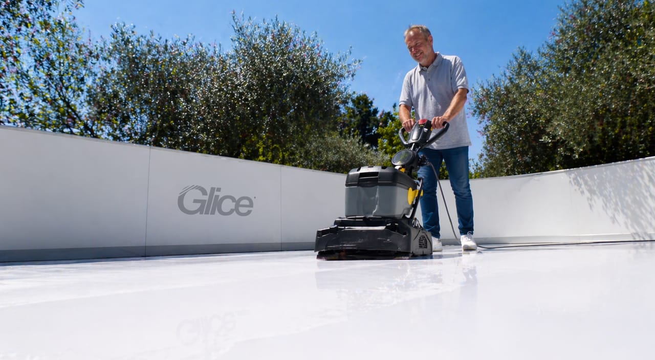 A staff member cleaning a Glice synthetic ice rink with a maintenance machine