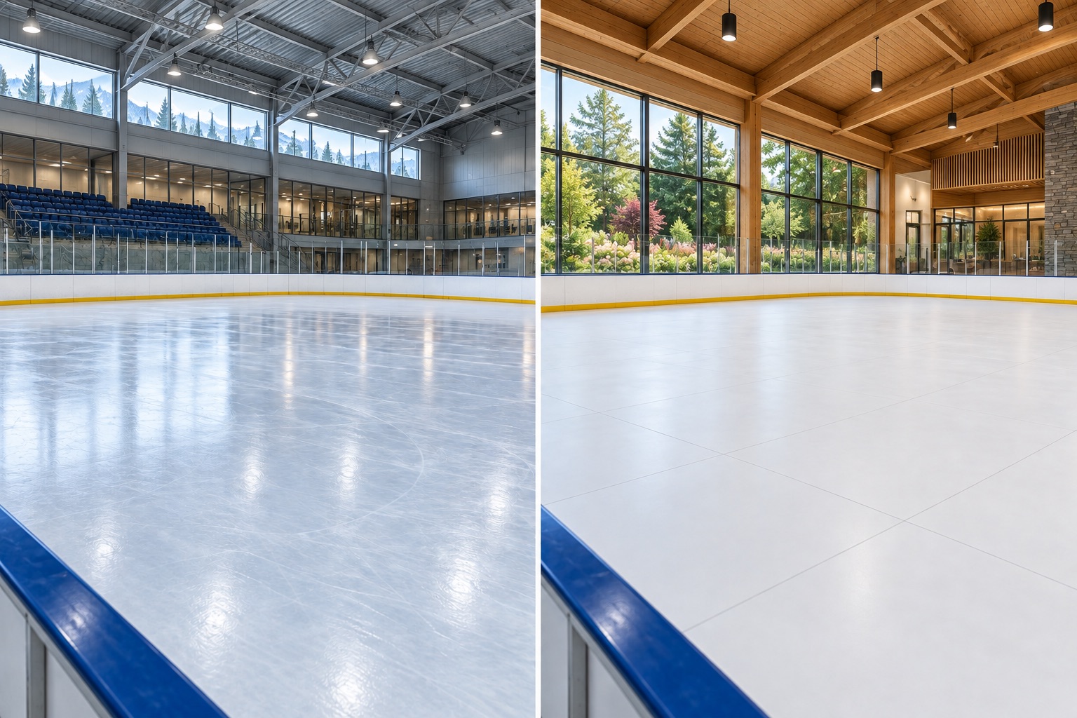 AI-generated illustration of a refrigerated rink and a synthetic ice rink in two indoor venues