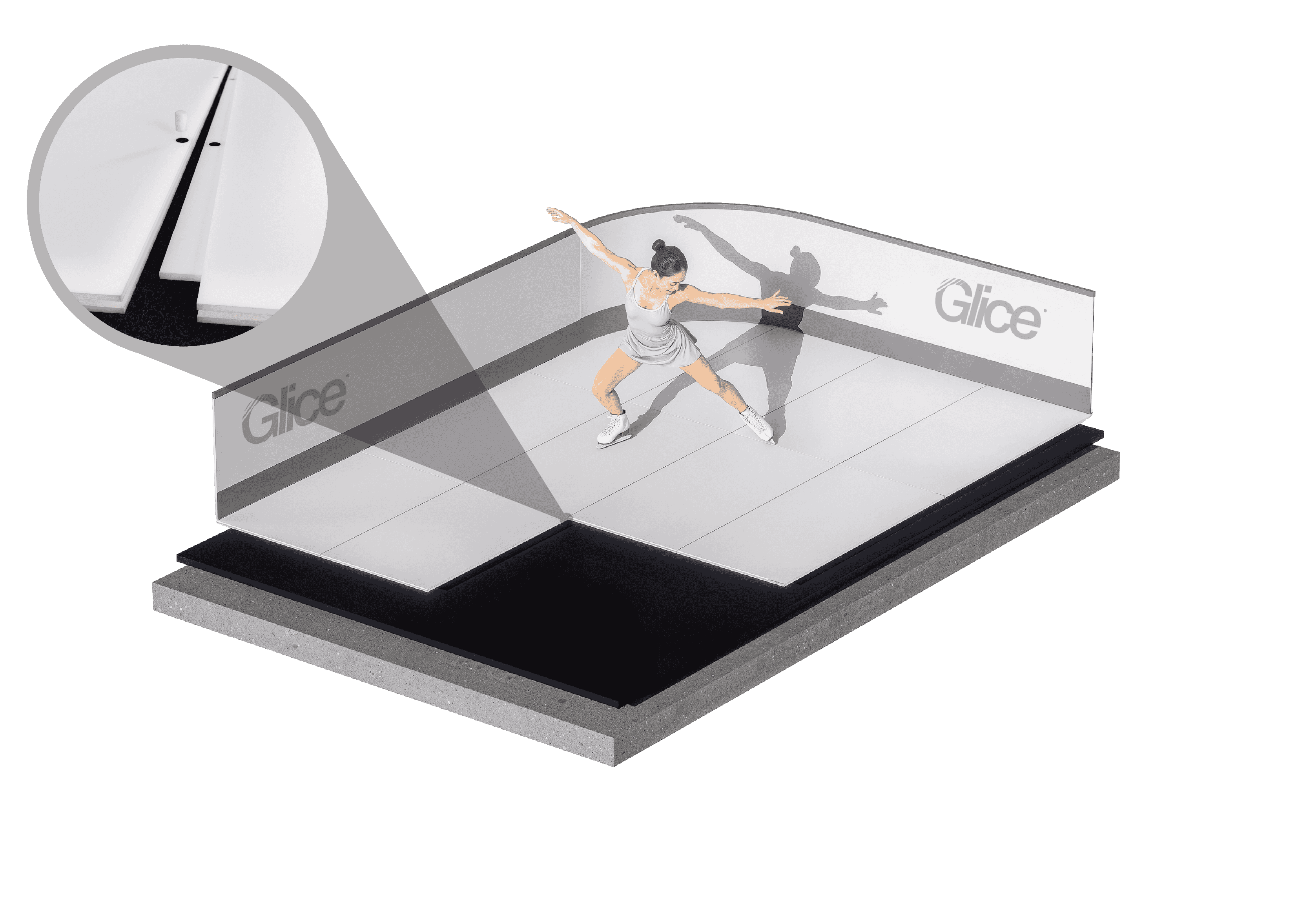 Glice synthetic ice rink with figure skater - modular polymer panels with dasher boards