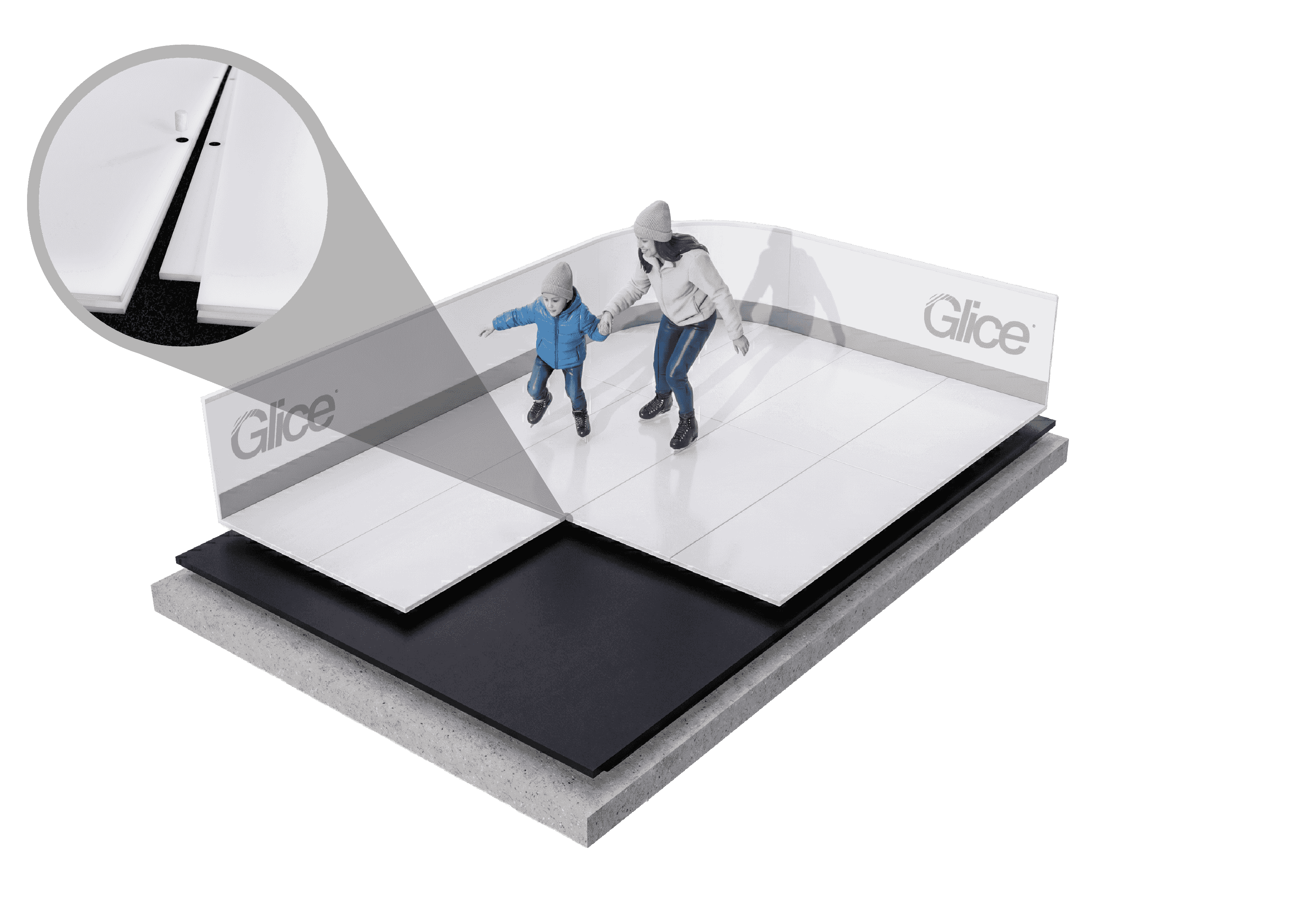 Glice synthetic ice rink system - modular polymer panels with dasher boards, tongue-and-groove detail, mother and child skating