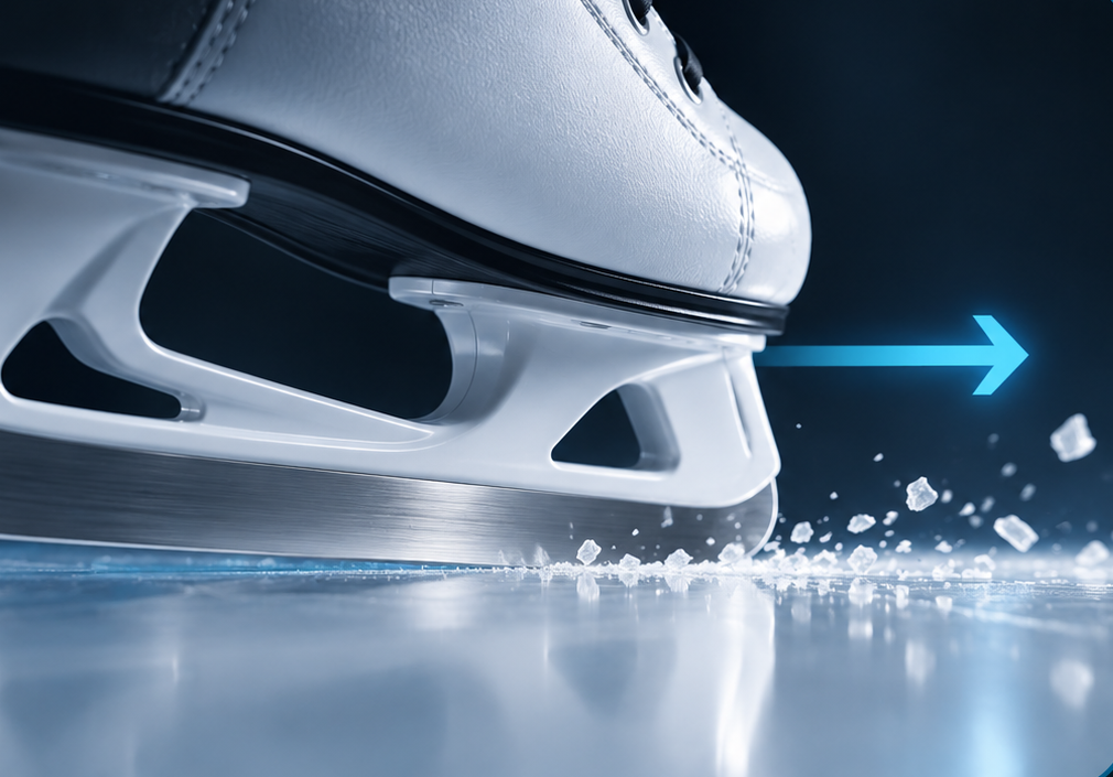 Skate blade moving across a surface while small particles shed behind it