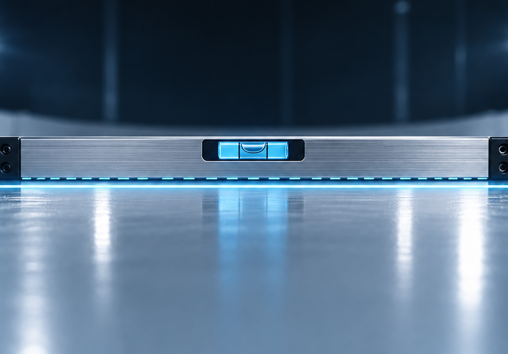 Spirit level resting across a smooth, level skating surface