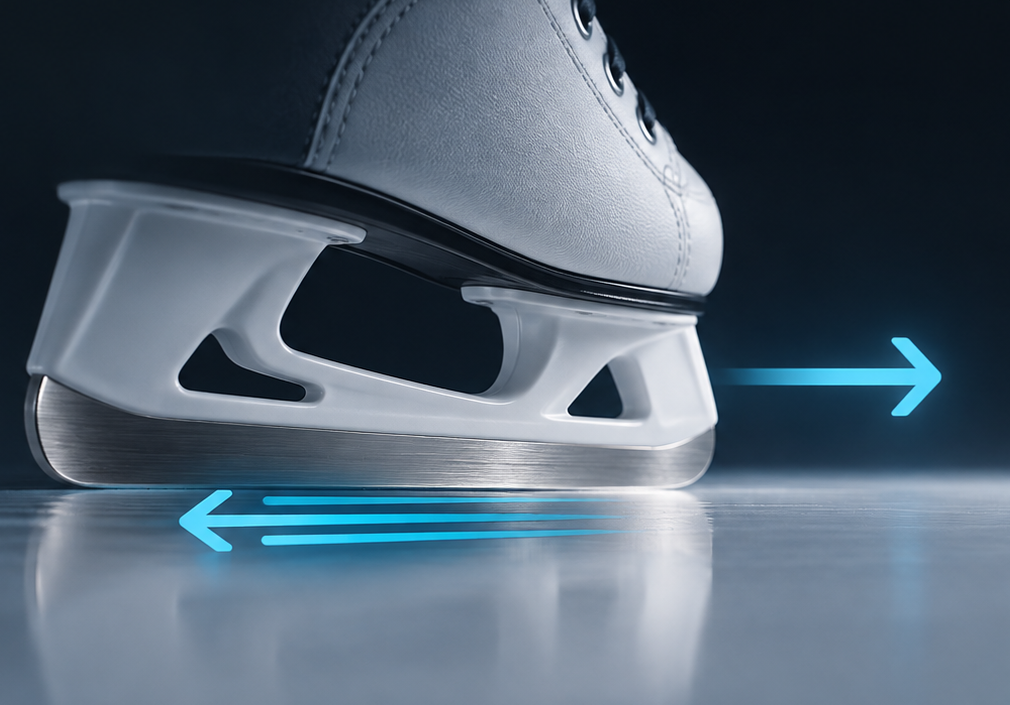 Skate blade moving across a synthetic ice surface with opposing directional arrows