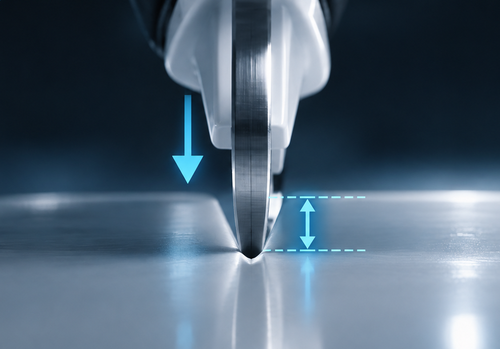 Front view of a skate blade pressing into a synthetic ice surface with a depth marker