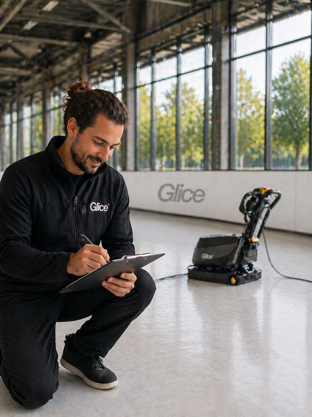 AI-generated illustration of a rink worker completing a maintenance checklist beside cleaning equipment