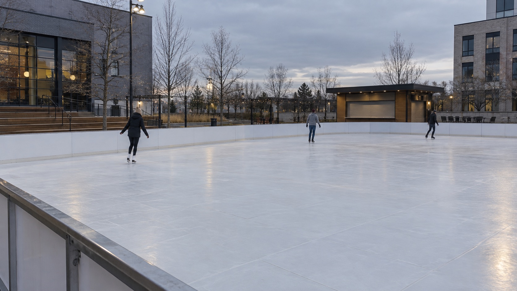 AI-generated illustration of a lightly attended outdoor rink in a fictional courtyard