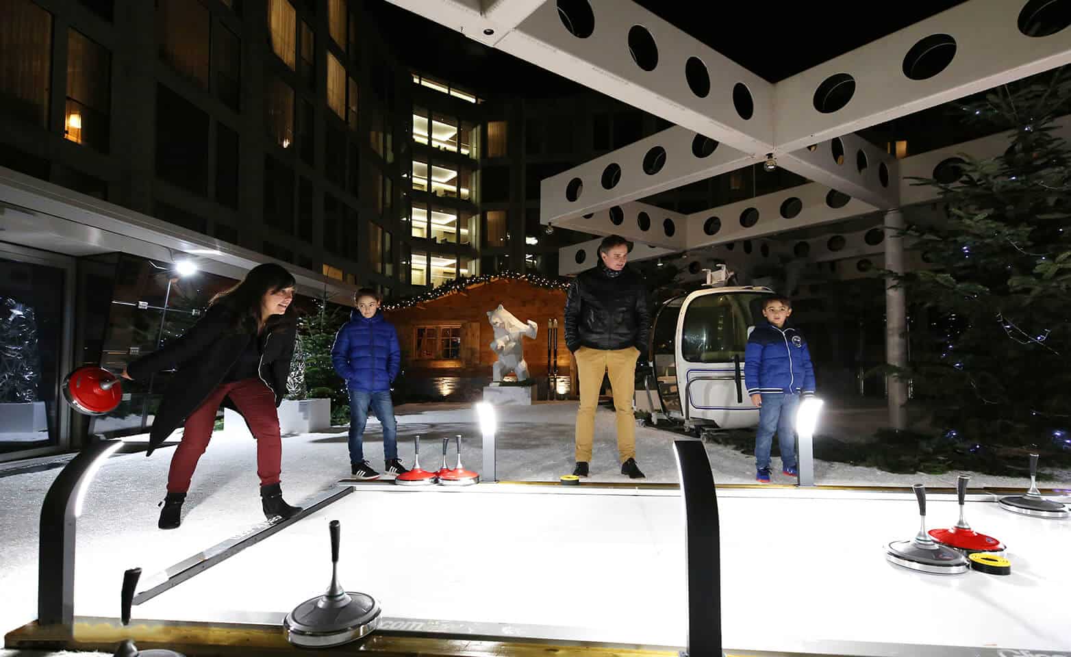 Artificial Eisstock curling lane at luxurious Kempinski hotel in Geneva