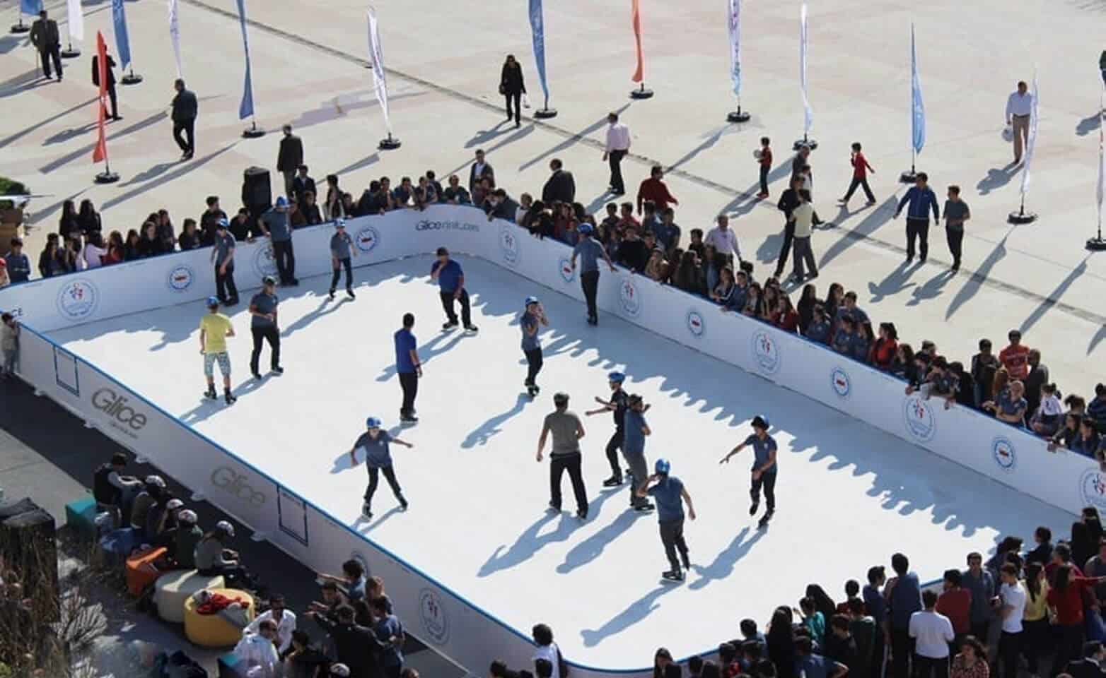 Birds eye view onto synthetic ice rink in Turkey