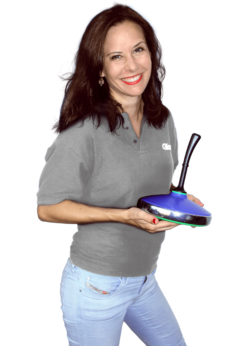 glice-synthetic-eisstock Glice team member holding an Eisstock stone