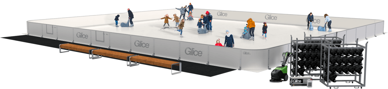 Graphic representation of a Glice synthetic ice rink, featuring people skating, rental skates, etc.