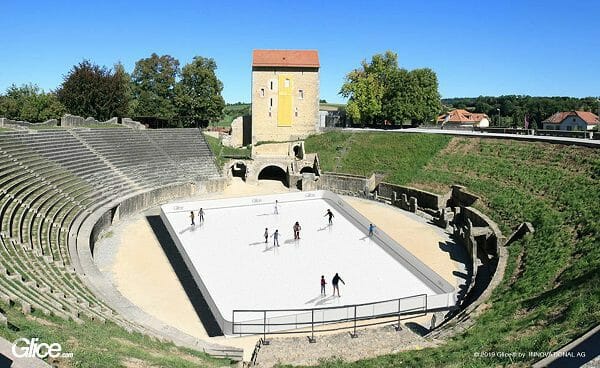Ice Skating in a Roman Gladiator Arena: Glice® Synthetic Ice Rink in Avenches Amphitheatre
