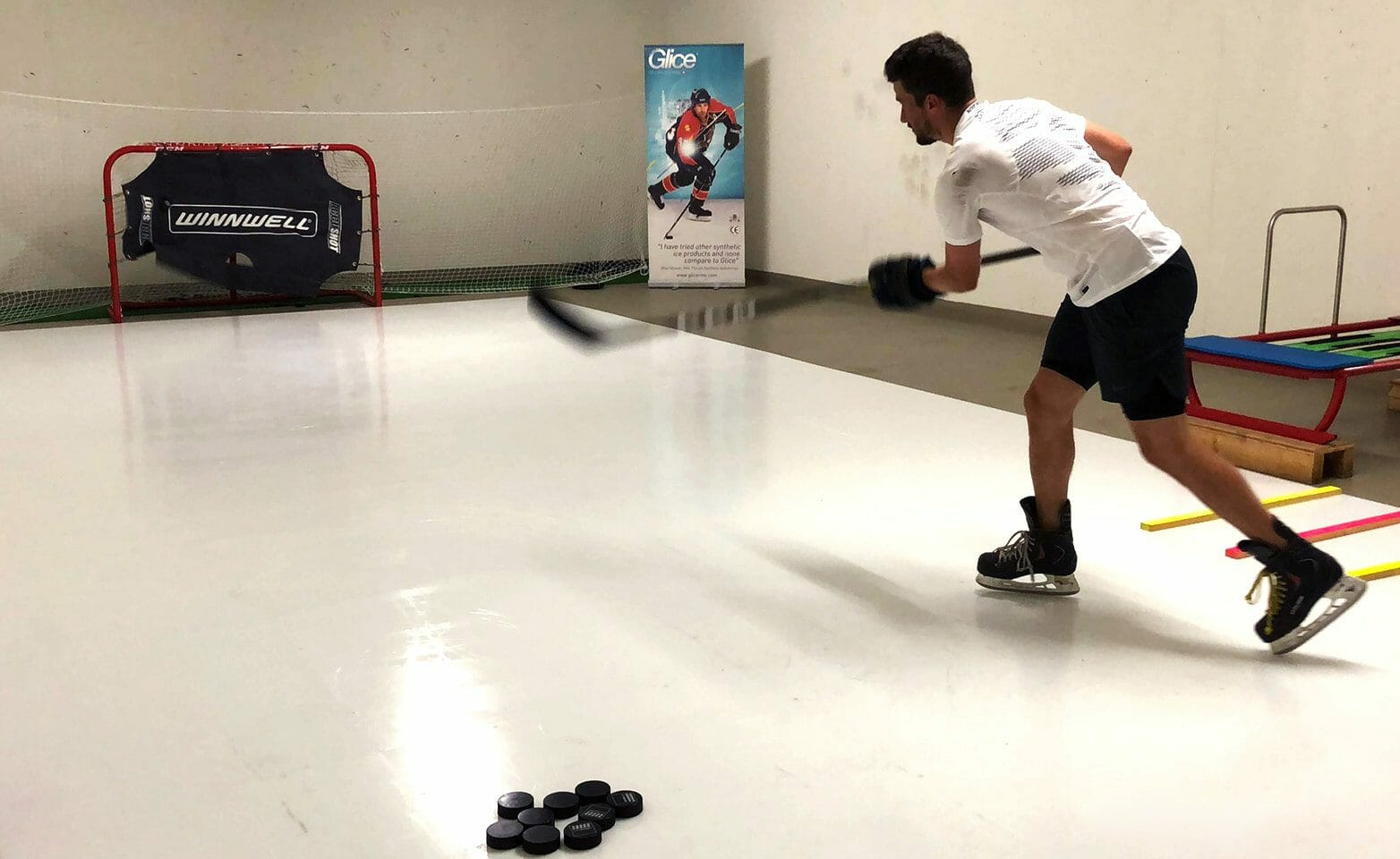 NHL Star Roman Josi practicing on synthetic ice pad