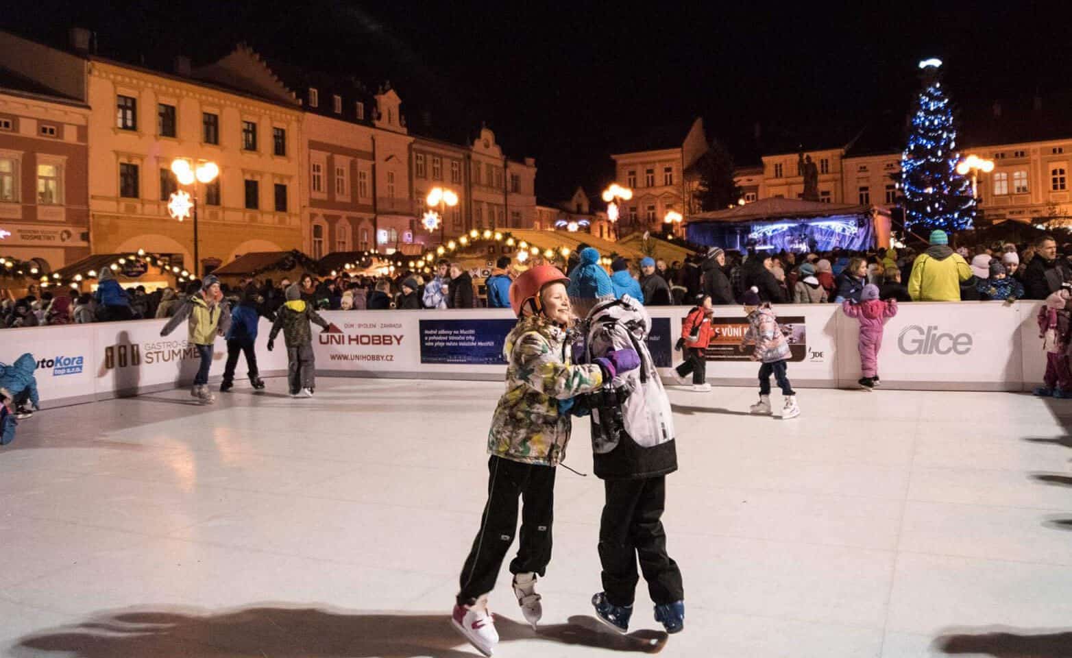 Portable plastic ice rink at Christmas market