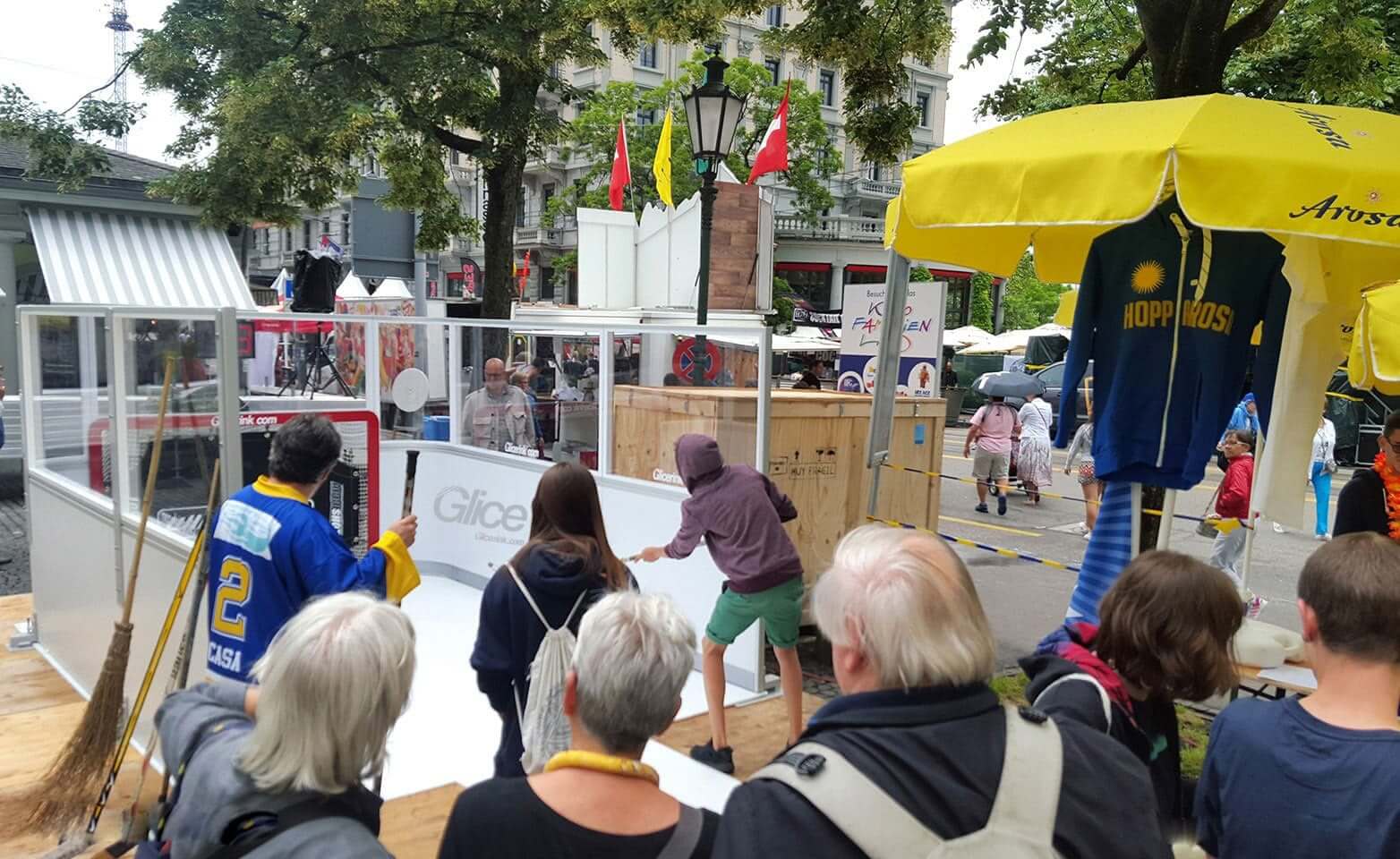 Synthetic ice slapshot station in city center