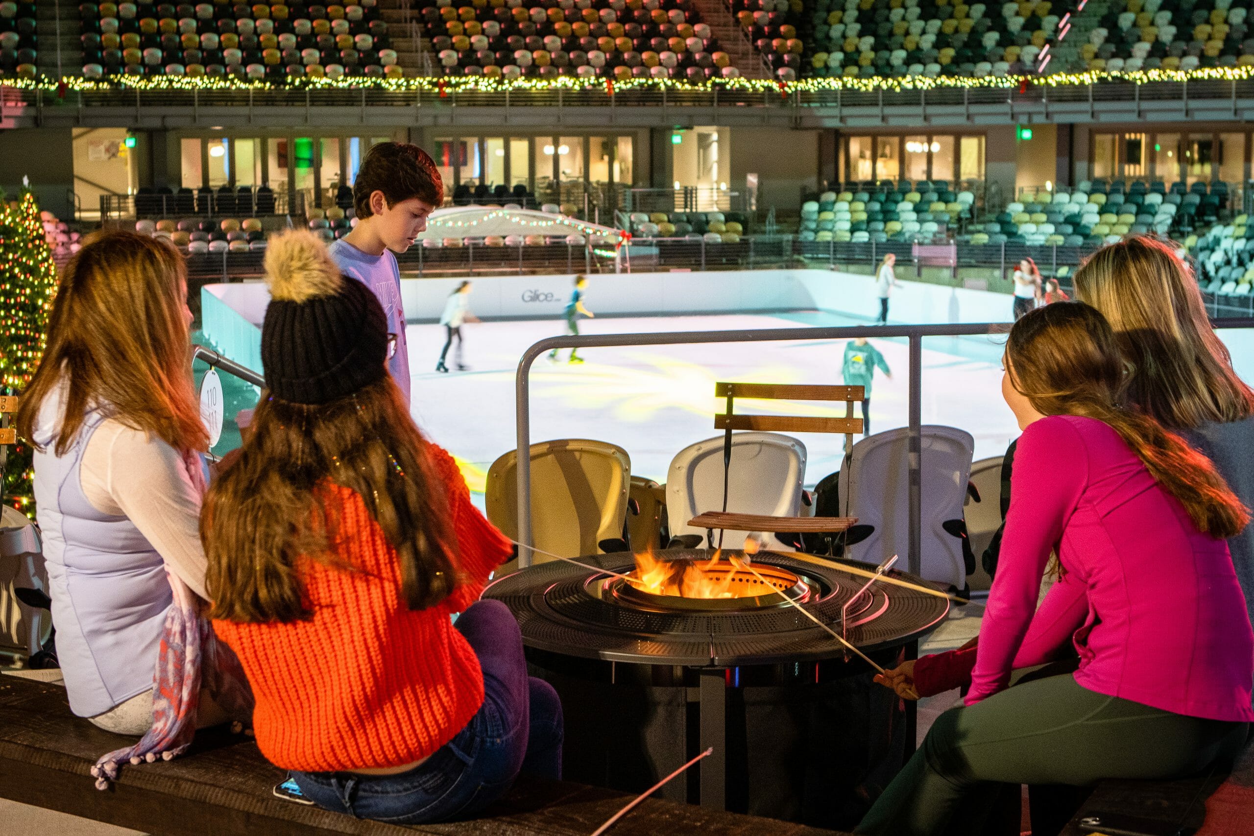 Fireplace with synthetic ice rink in background