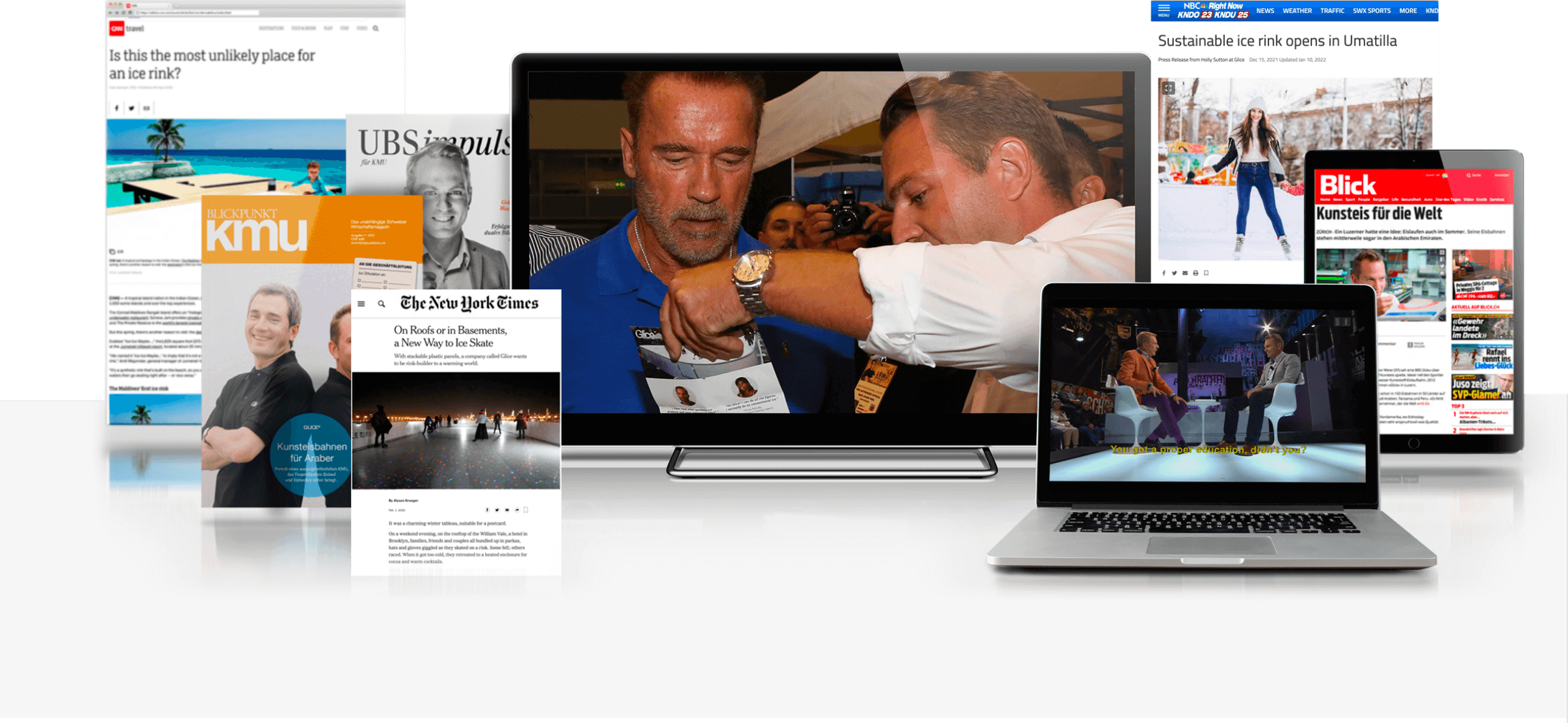 Collage of Glice featured in various media publications, including Viktor Meier with Arnold Schwartzenegger